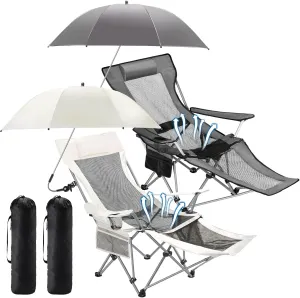 2 Set Reclining Beach Chair and Umbrella for Adults, Outdoor Camping Foldable Sand Chairs with Umbrella, SPF 50 , High Back, with Foot Rest, Cup Holder and Mesh Bag
