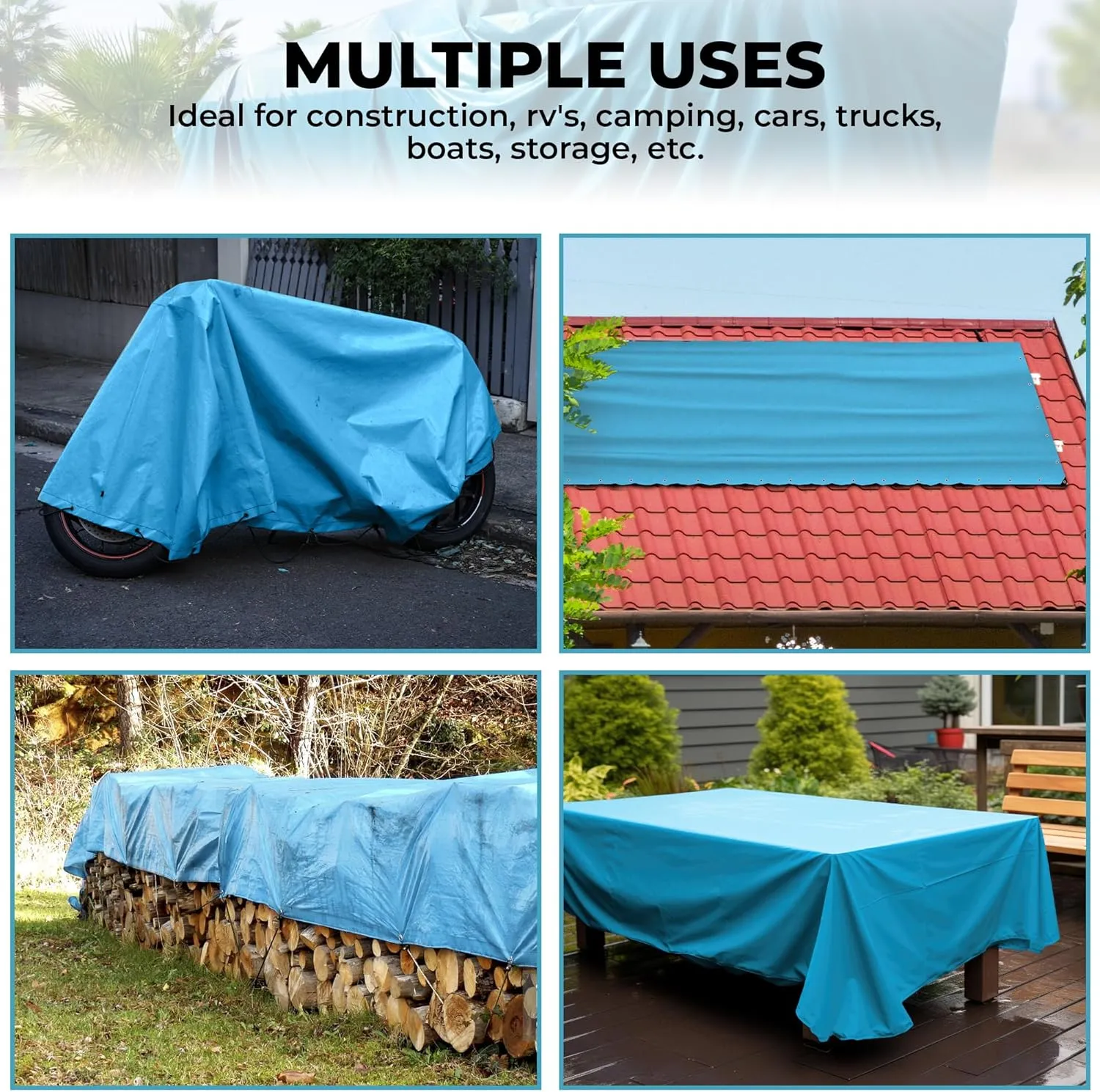 20x20 Heavy Duty Tarp Waterproof - 12mil Thick Pool Tarp Cover - 20x20 Tarp UV Resistant, Rip & Tear Proof with Metal Grommets – Blue Tarp Multipurpose Use for Camping, Tent, Boat, RV, Car