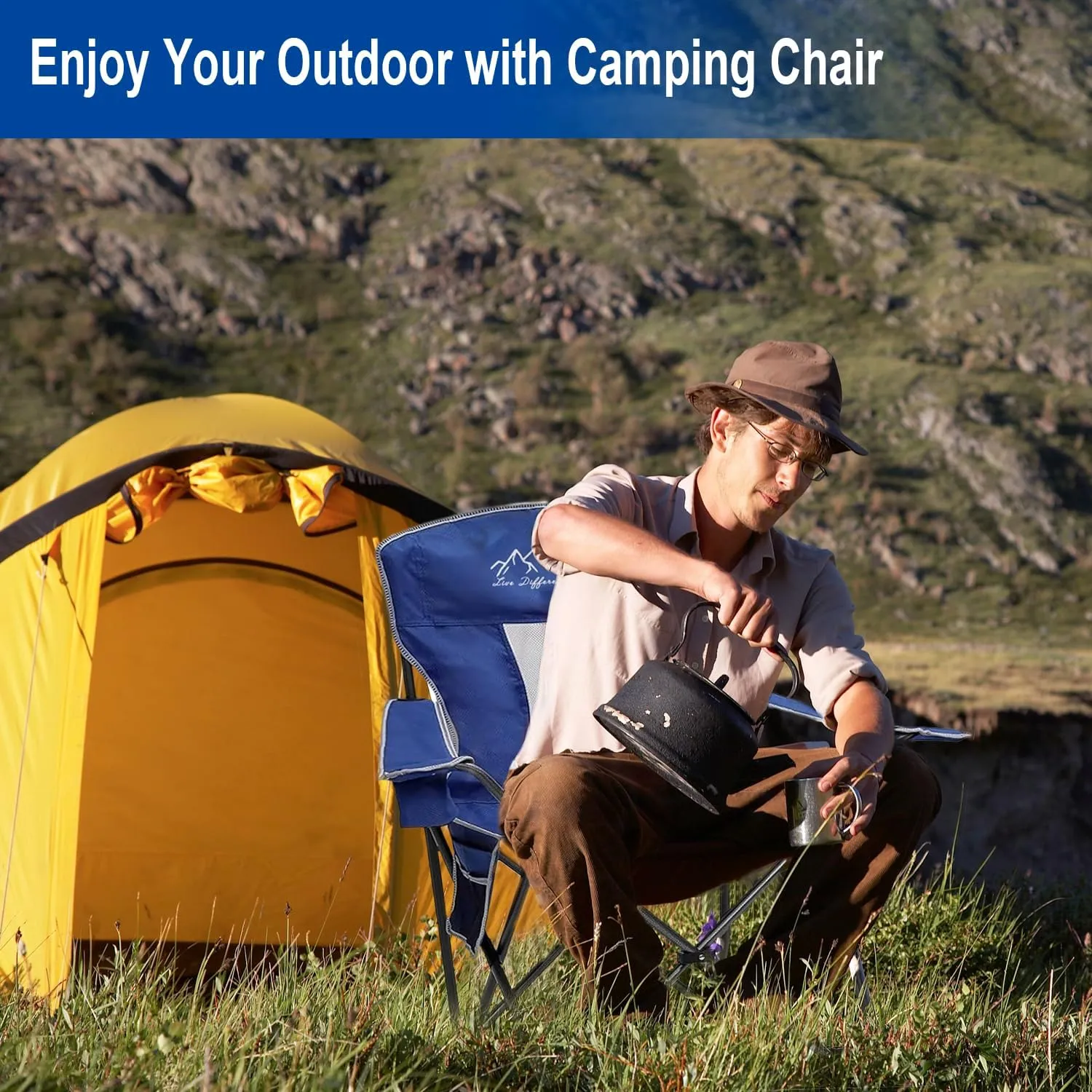 2PCS Collapsible Folding Camping Chairs Heavy Duty Lawn Foldable Chair with Cooler Bag, Storage Pocket, Waterproof Bag Outdoor Arm Sport Chair, Supports 325LBS, Blue
