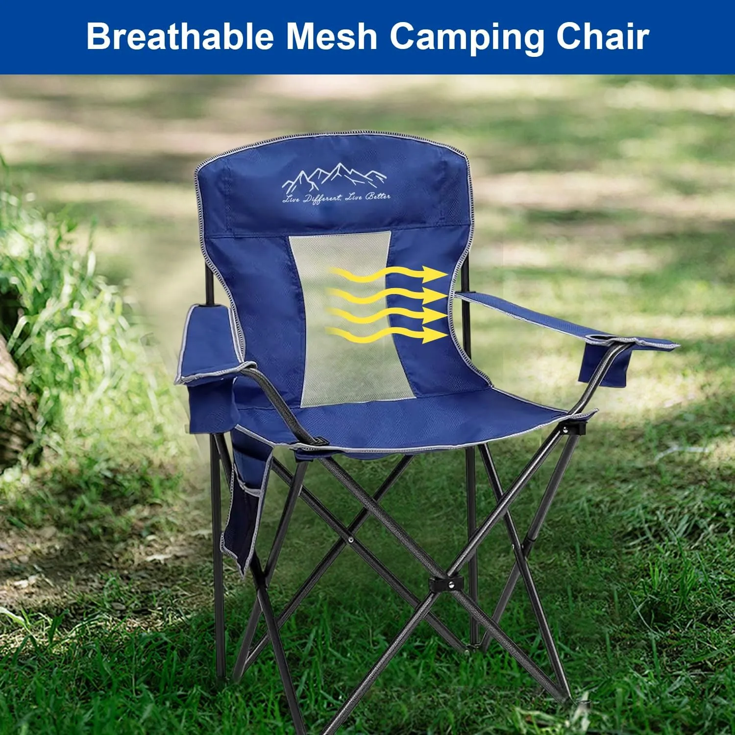 2PCS Collapsible Folding Camping Chairs Heavy Duty Lawn Foldable Chair with Cooler Bag, Storage Pocket, Waterproof Bag Outdoor Arm Sport Chair, Supports 325LBS, Blue