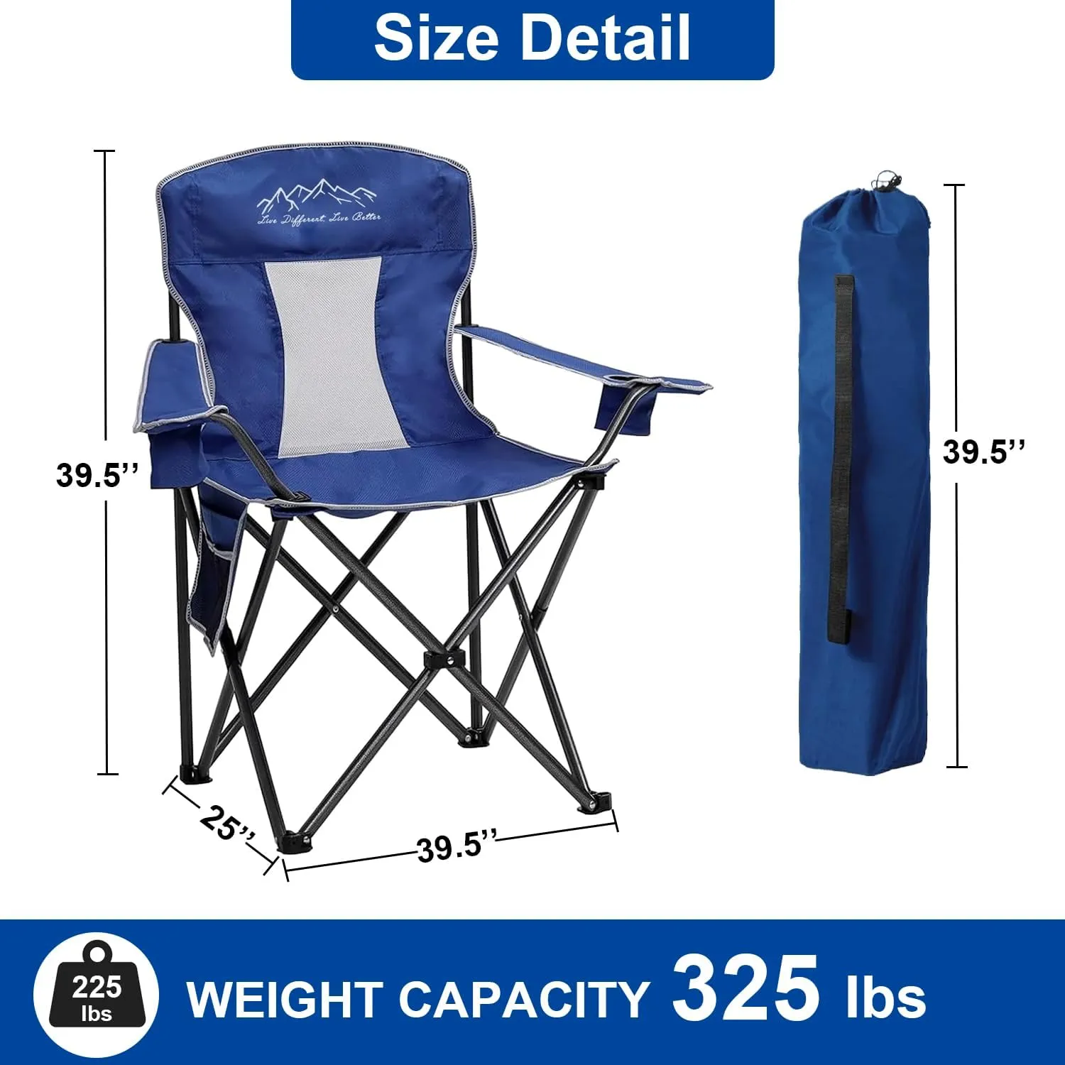2PCS Collapsible Folding Camping Chairs Heavy Duty Lawn Foldable Chair with Cooler Bag, Storage Pocket, Waterproof Bag Outdoor Arm Sport Chair, Supports 325LBS, Blue