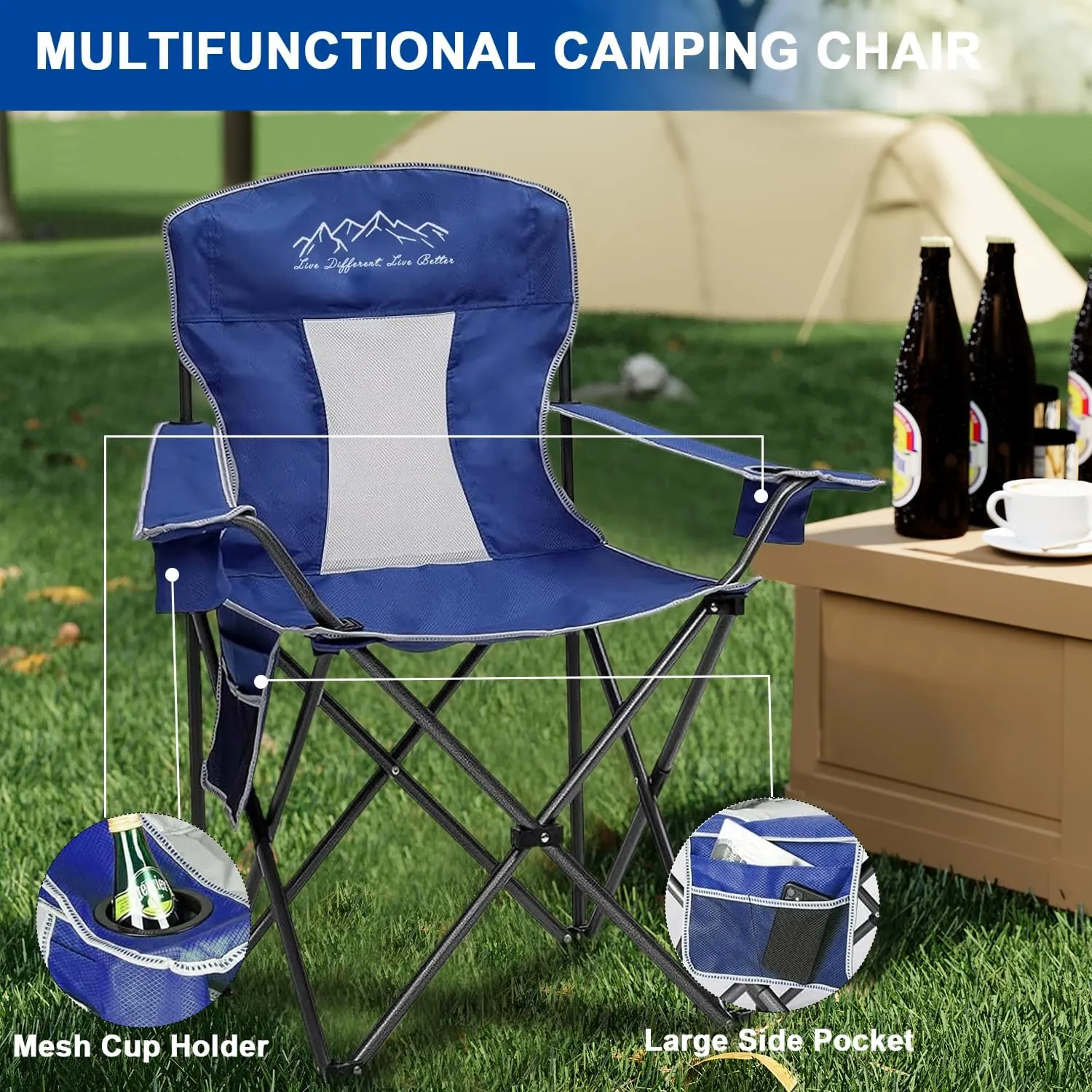 2PCS Collapsible Folding Camping Chairs Heavy Duty Lawn Foldable Chair with Cooler Bag, Storage Pocket, Waterproof Bag Outdoor Arm Sport Chair, Supports 325LBS, Blue