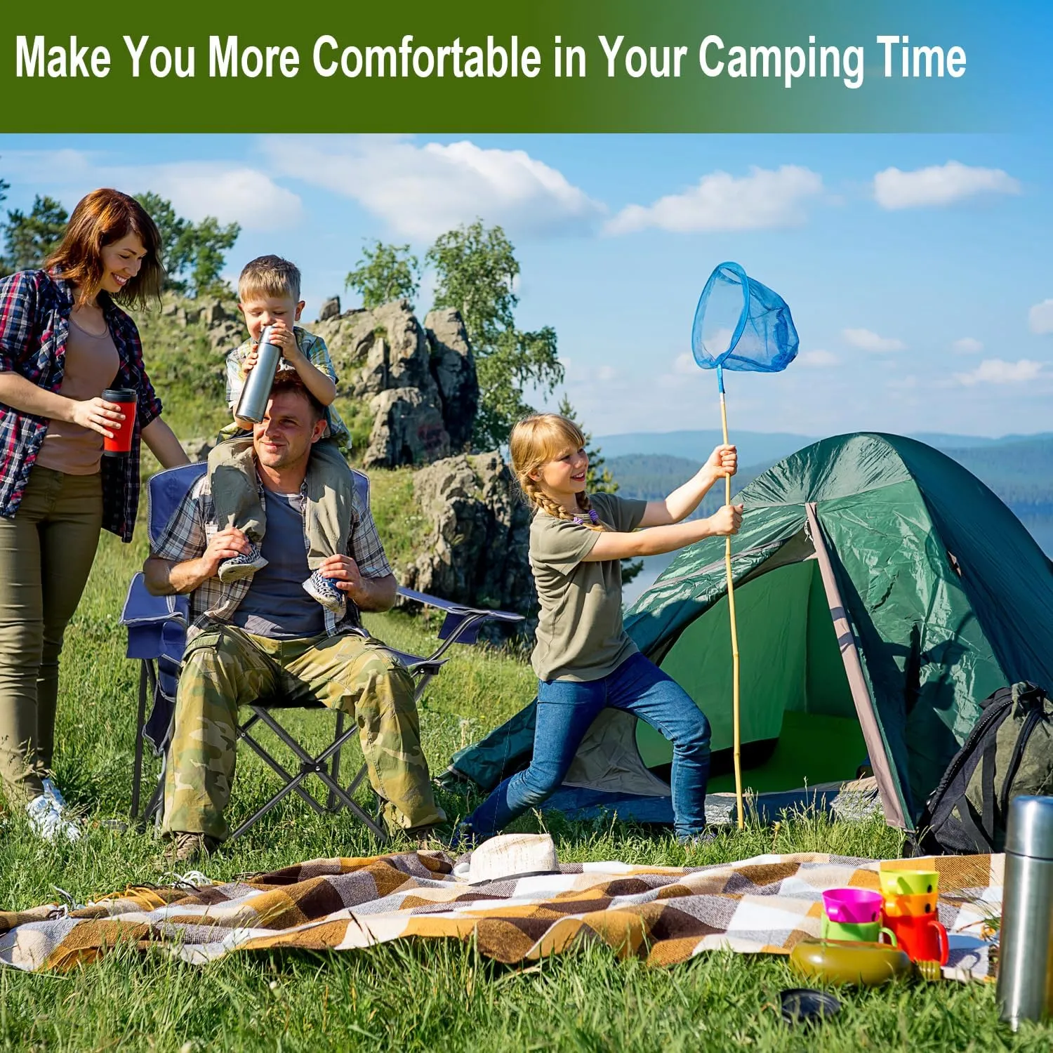2PCS Collapsible Folding Camping Chairs Heavy Duty Lawn Foldable Chair with Cooler Bag, Storage Pocket, Waterproof Bag Outdoor Arm Sport Chair, Supports 325LBS, Blue