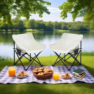 2PCS Outdoor Camping Chairs – Folding & Portable with Lightly Cushioned Seat, Heavy-Duty Steel Frame, Side Pocket, and Carry Bag | Perfect for Camping, Picnics, Beaches, Hiking (Beige)