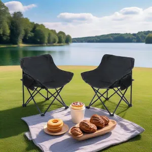 2PCS Outdoor Camping Chairs – Folding & Portable with Lightly Cushioned Seat, Heavy-Duty Steel Frame, Side Pocket, and Carry Bag | Perfect for Camping, Picnics, Beaches, Hiking (Black)