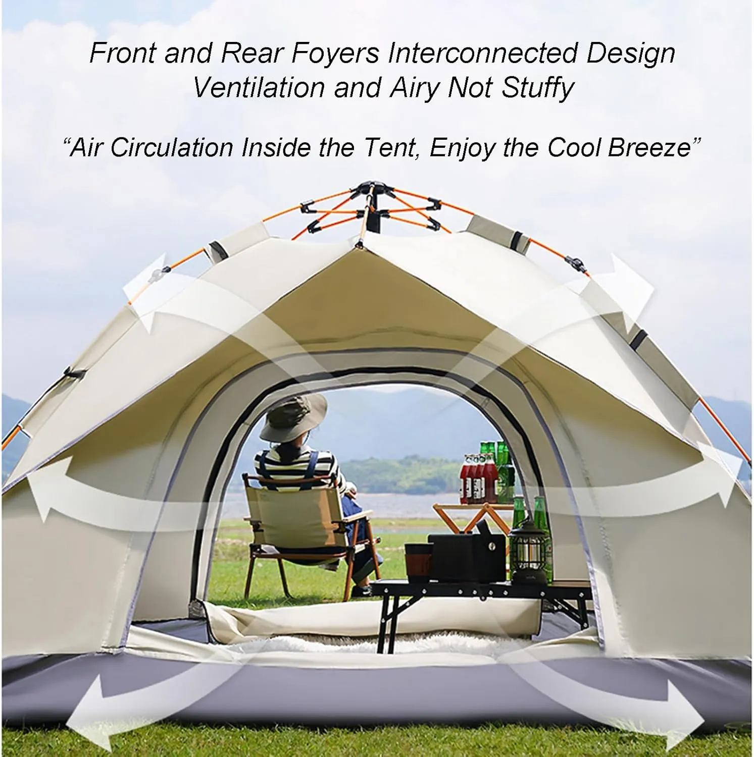 3-4 Person Camping Tent Outdoor Automatic Instant Pop-up Dome Tent Portable Family Picnic Waterproof Sunscreen Beach Camping Travel Tent with Mat and Bag