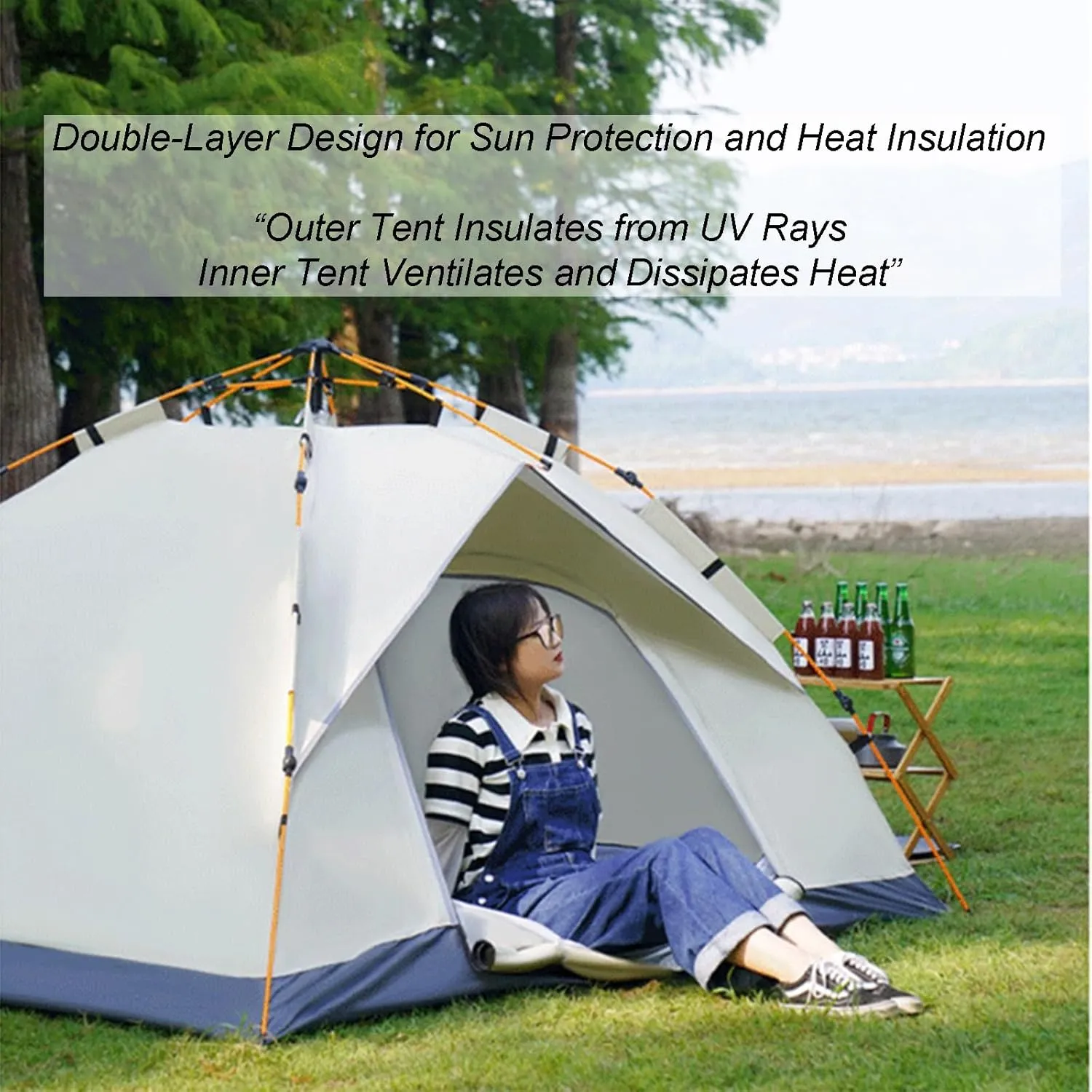 3-4 Person Camping Tent Outdoor Automatic Instant Pop-up Dome Tent Portable Family Picnic Waterproof Sunscreen Beach Camping Travel Tent with Mat and Bag