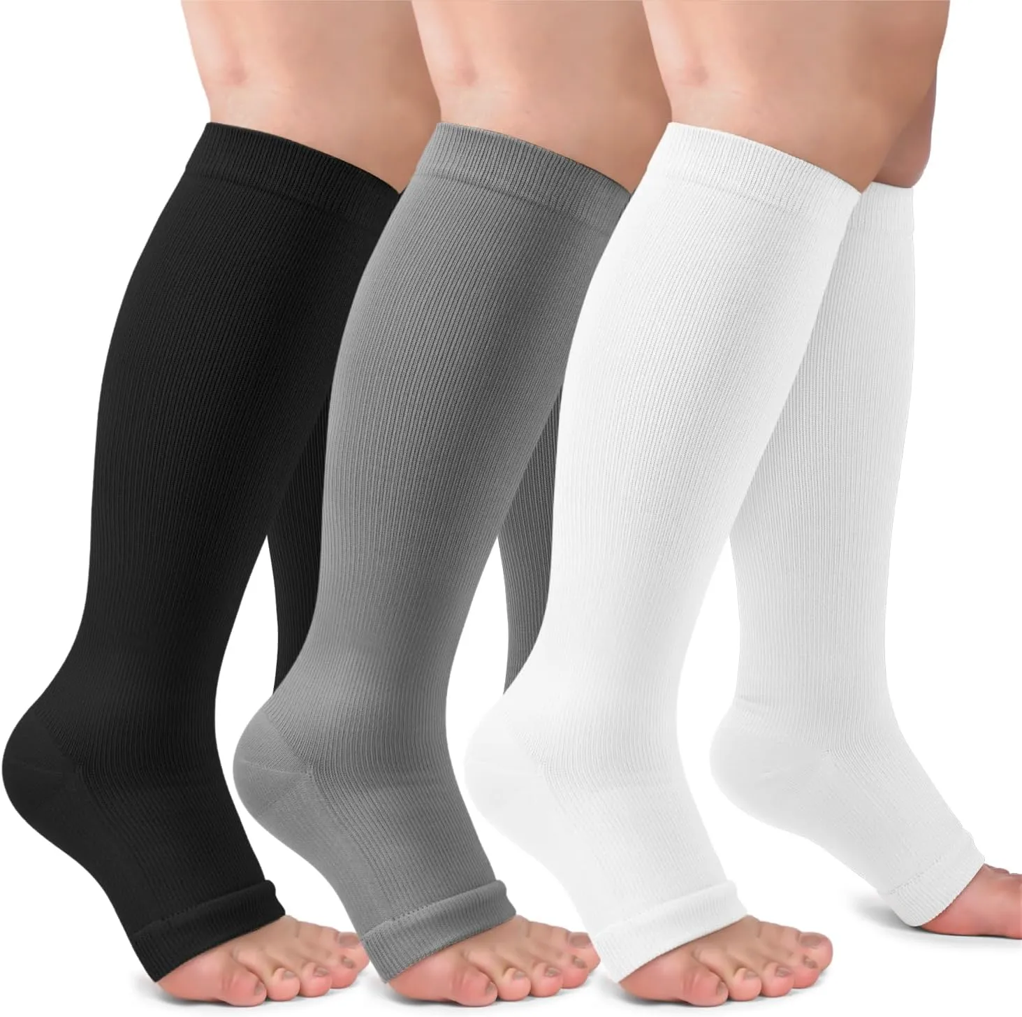 3 Pack Copper Compression Socks for Women & Men, 20-30mmHg Open Toe Knee High Stockings for Circulation Support