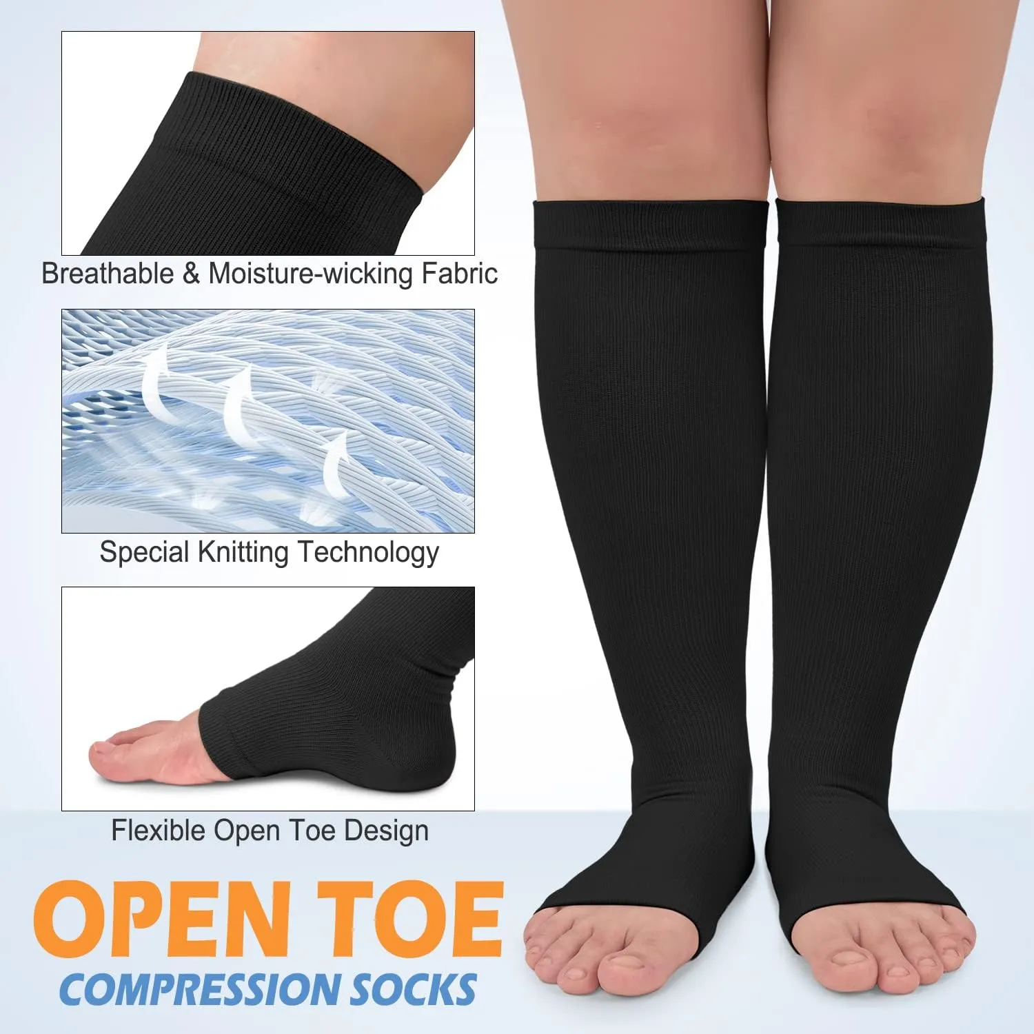 3 Pack Copper Compression Socks for Women & Men, 20-30mmHg Open Toe Knee High Stockings for Circulation Support