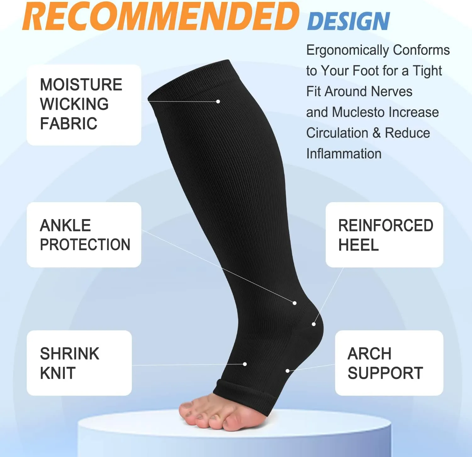 3 Pack Copper Compression Socks for Women & Men, 20-30mmHg Open Toe Knee High Stockings for Circulation Support