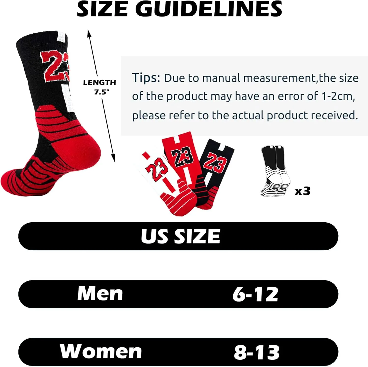 3 Pairs Elite Basketball Crew Socks, 23 Mens Athletic Sock with Shoelace Bracelets, League Team Sports-Star-Fans Gift