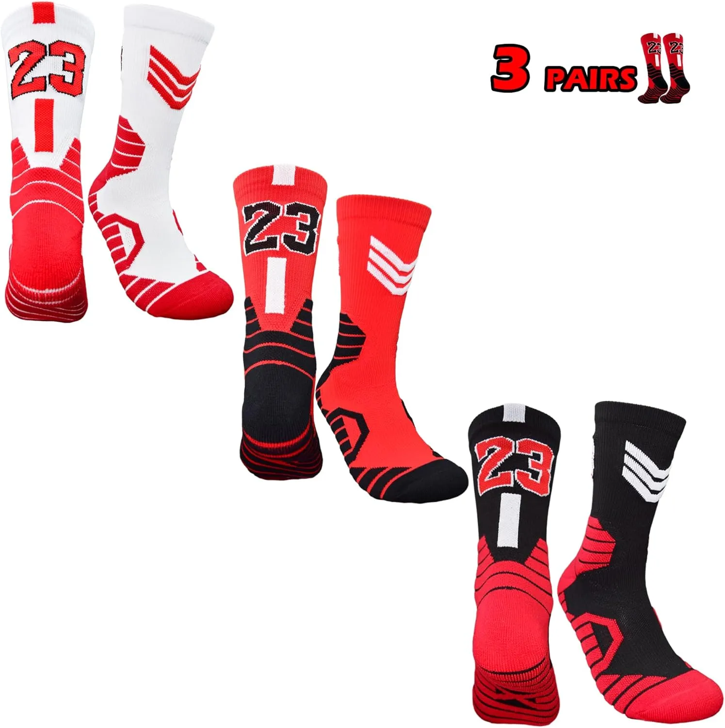 3 Pairs Elite Basketball Crew Socks, 23 Mens Athletic Sock with Shoelace Bracelets, League Team Sports-Star-Fans Gift