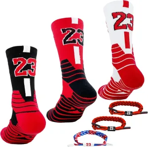3 Pairs Elite Basketball Crew Socks, 23 Mens Athletic Sock with Shoelace Bracelets, League Team Sports-Star-Fans Gift