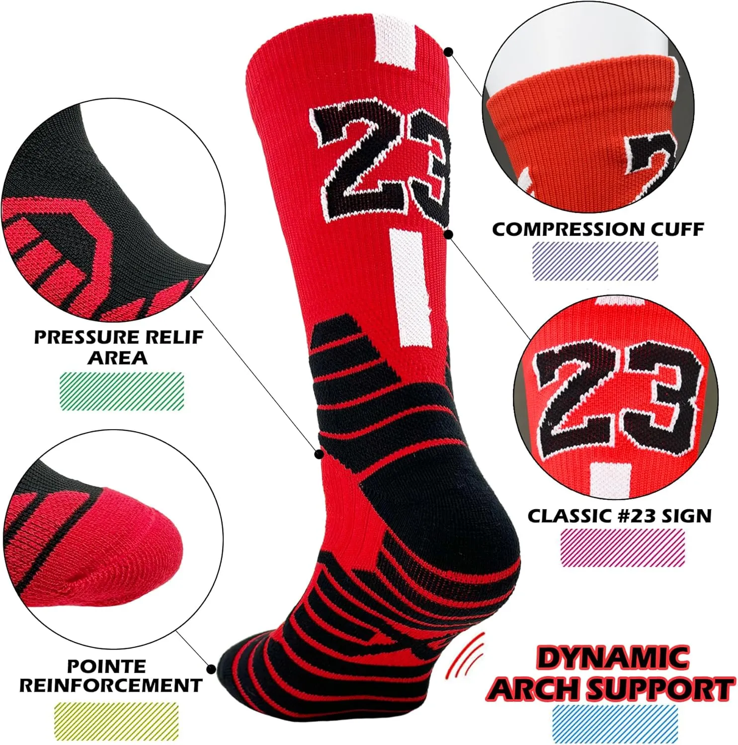 3 Pairs Elite Basketball Crew Socks, 23 Mens Athletic Sock with Shoelace Bracelets, League Team Sports-Star-Fans Gift