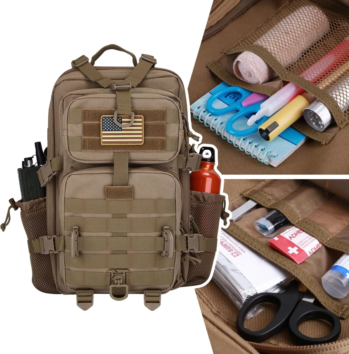 30L MOLLE Assault Pack, Tactical Backpack Military Army Camping Rucksack with Bottle Holder, 3-Day Pack, Khaki