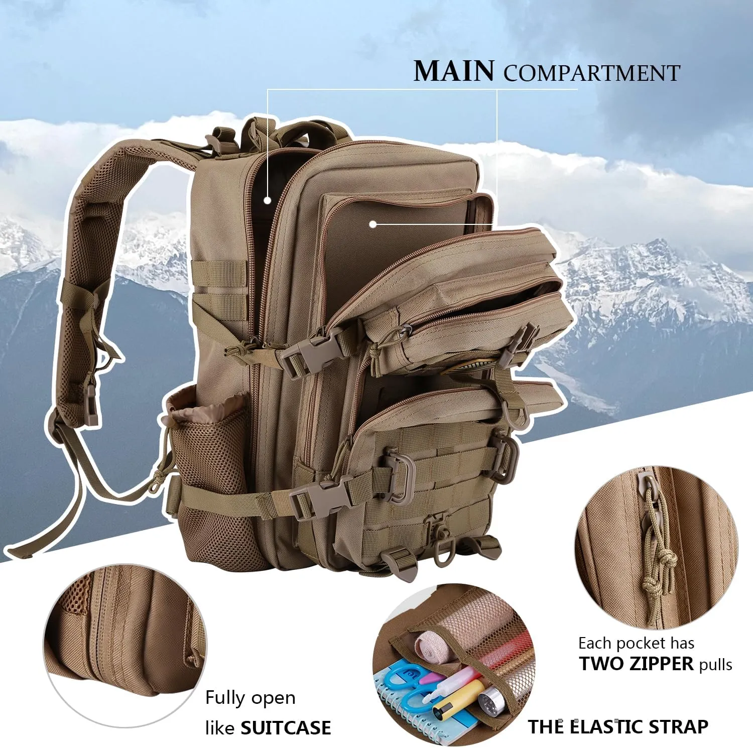 30L MOLLE Assault Pack, Tactical Backpack Military Army Camping Rucksack with Bottle Holder, 3-Day Pack, Khaki