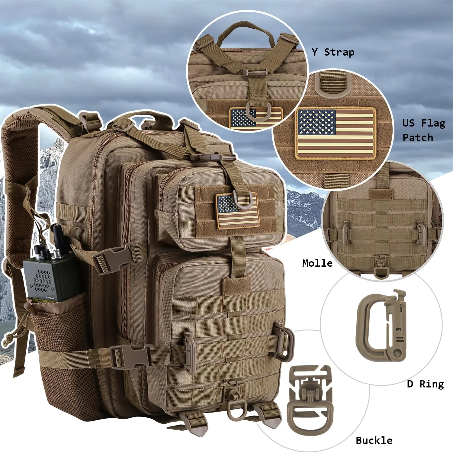 30L MOLLE Assault Pack, Tactical Backpack Military Army Camping Rucksack with Bottle Holder, 3-Day Pack, Khaki