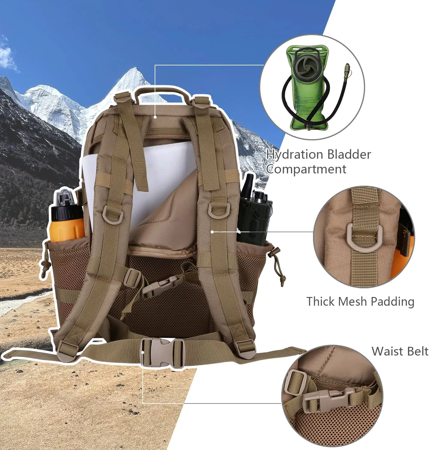 30L MOLLE Assault Pack, Tactical Backpack Military Army Camping Rucksack with Bottle Holder, 3-Day Pack, Khaki