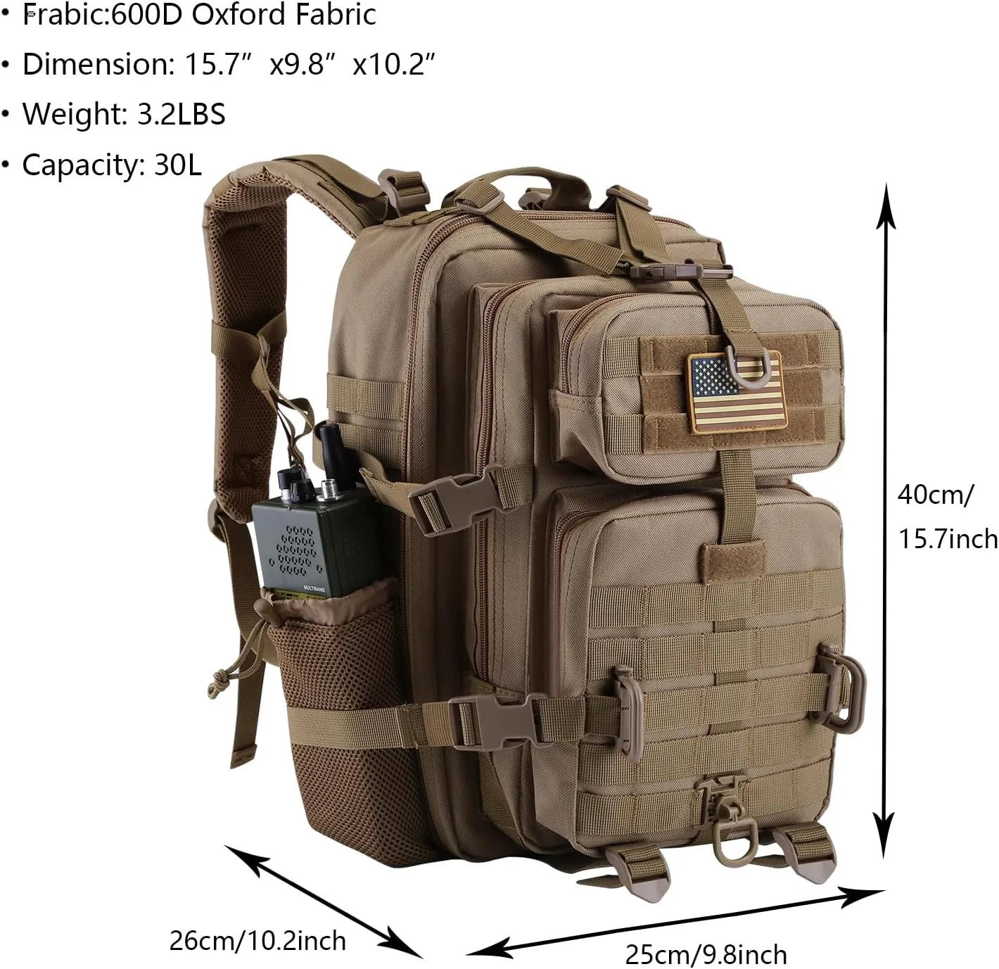 30L MOLLE Assault Pack, Tactical Backpack Military Army Camping Rucksack with Bottle Holder, 3-Day Pack, Khaki