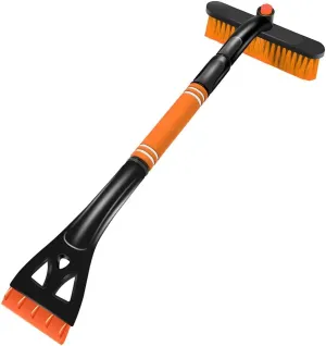 31.5" Ice Scraper and Extendable Snow Brush, 360° Pivoting Snow Brush Head with Foam Grip, Detachable Ice Scraper with Soft Bristle Head for Car Truck SUV Window Windshield (Orange)