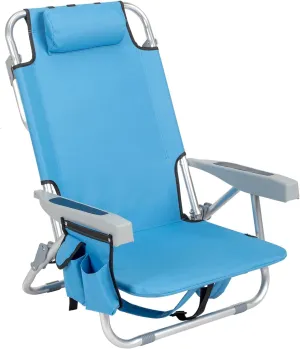 32 inch Short Beach Chair with Lay Flat Option Reclining Backpack Camping Sports Event Chair for Sunbathing, Fishing with Cup Pouches 220lbs Capacity Lightweight Aluminum Frame Oxford Fabric Blue