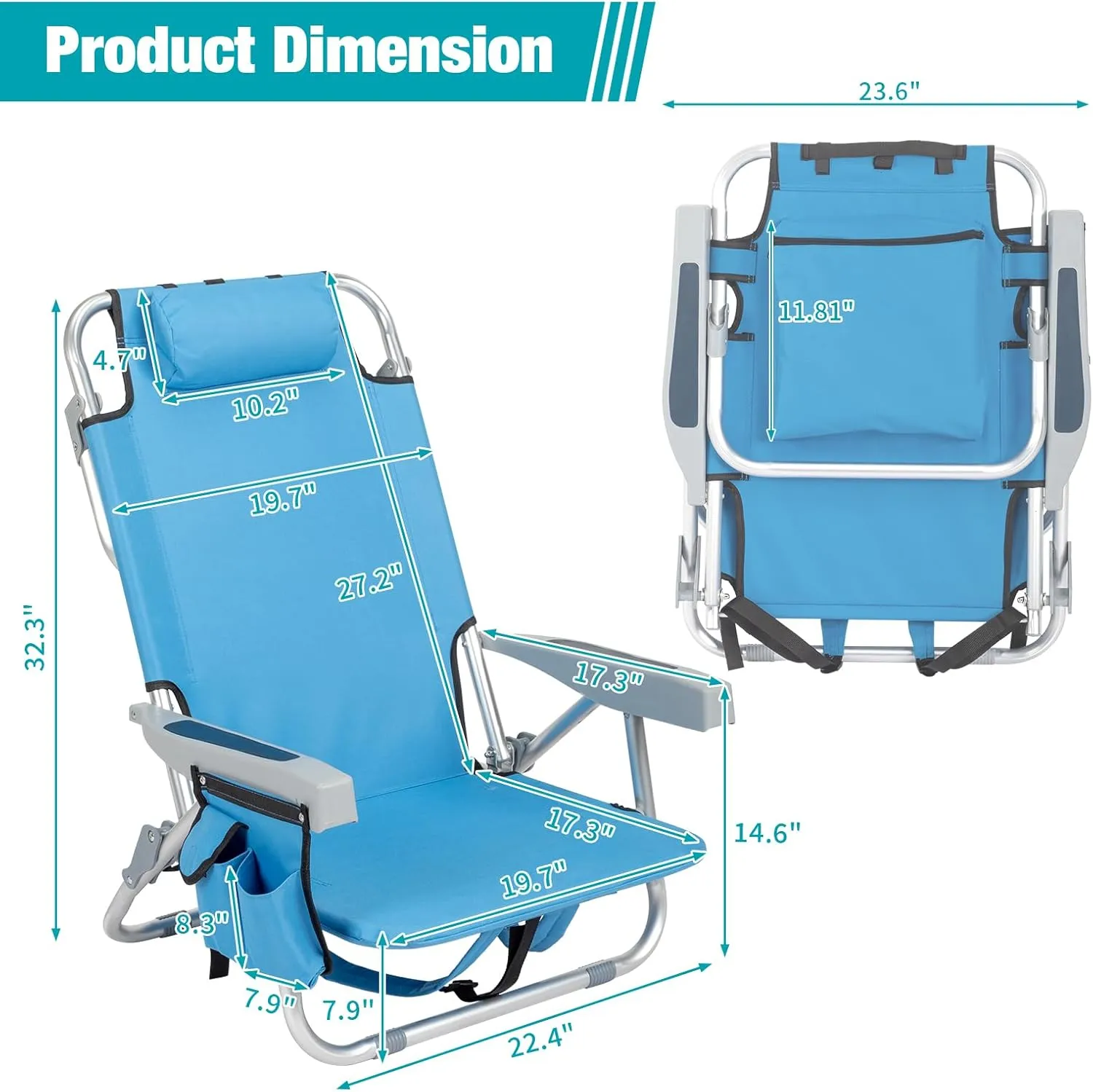32 inch Short Beach Chair with Lay Flat Option Reclining Backpack Camping Sports Event Chair for Sunbathing, Fishing with Cup Pouches 220lbs Capacity Lightweight Aluminum Frame Oxford Fabric Blue