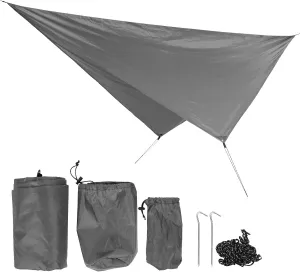 360x290cm Waterproof Camping Tarp, Multifunction Rhombus Canopy, Beach Shade Cloth for Hammock, Tent, Picnic, 4 Seasons Use, Easy to Install (Grey)