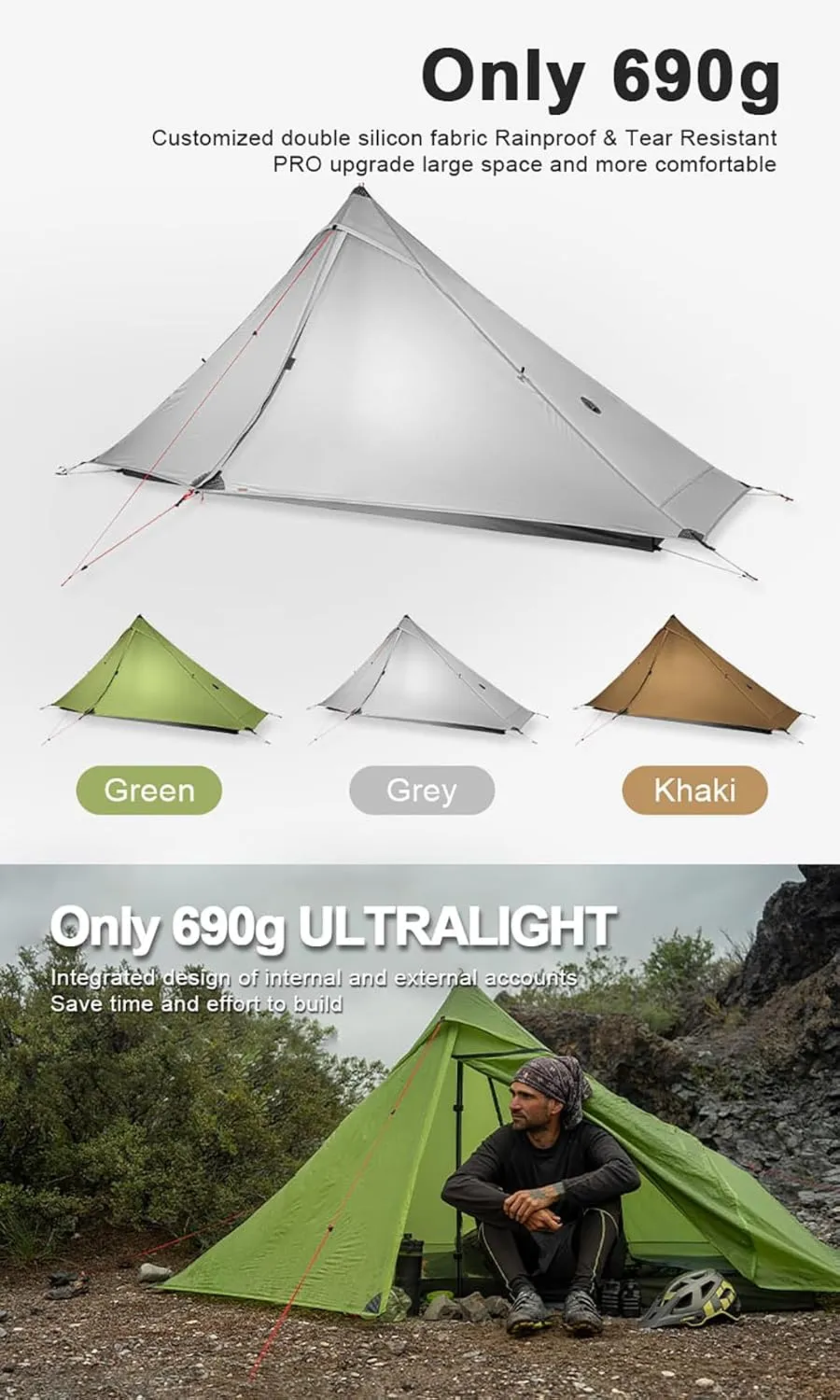 3F UL Gear Lanshan PRO Lanshan Ultralight Tent 3 Season Backpacking Tent for 1 Person, Waterproof Professional Tents for Camping, Trekking, Kayaking, Climbing, Hiking