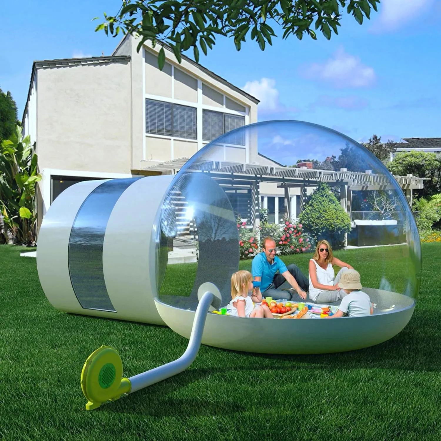 3M Luxury Inflatable Eco Bubble Camping Tent Waterproof PVC Clear Camping,Commercial GradeTwo Room Super Sturdy Large DIY House Home with 300W Blower for Outdoor Family Backyard Camping Stargazing
