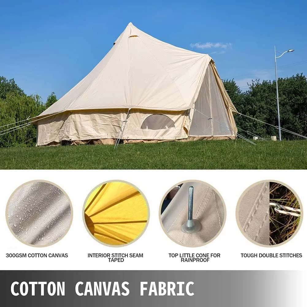 4-12 Person Camping Tent 3-6m Waterproof Cotton Canvas Bell Tent Outdoor 4 Seasons Family Party Picnic Yurt Tent W/Stove Hole (Beige 9.84ft 3m 3~5People) (Beige 19.7ft 6m 10~12People)
