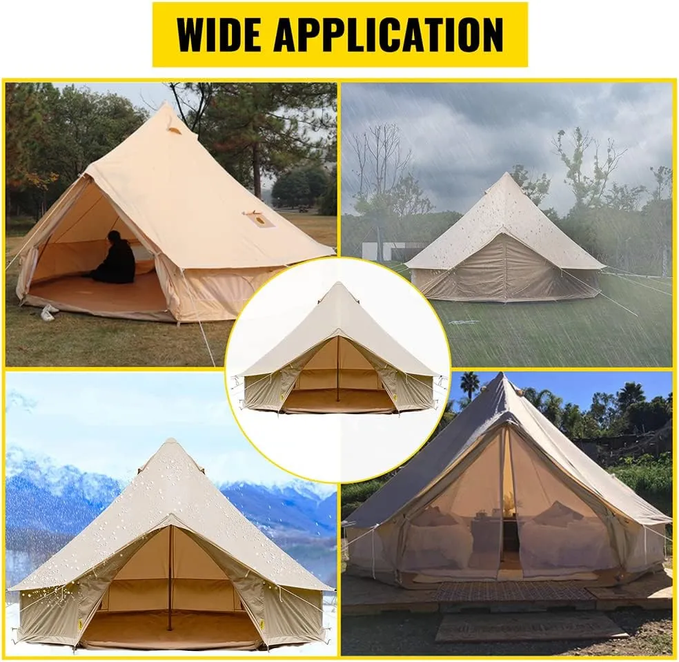 4-12 Person Camping Tent 3-6m Waterproof Cotton Canvas Bell Tent Outdoor 4 Seasons Family Party Picnic Yurt Tent W/Stove Hole (Beige 9.84ft 3m 3~5People) (Beige 19.7ft 6m 10~12People)