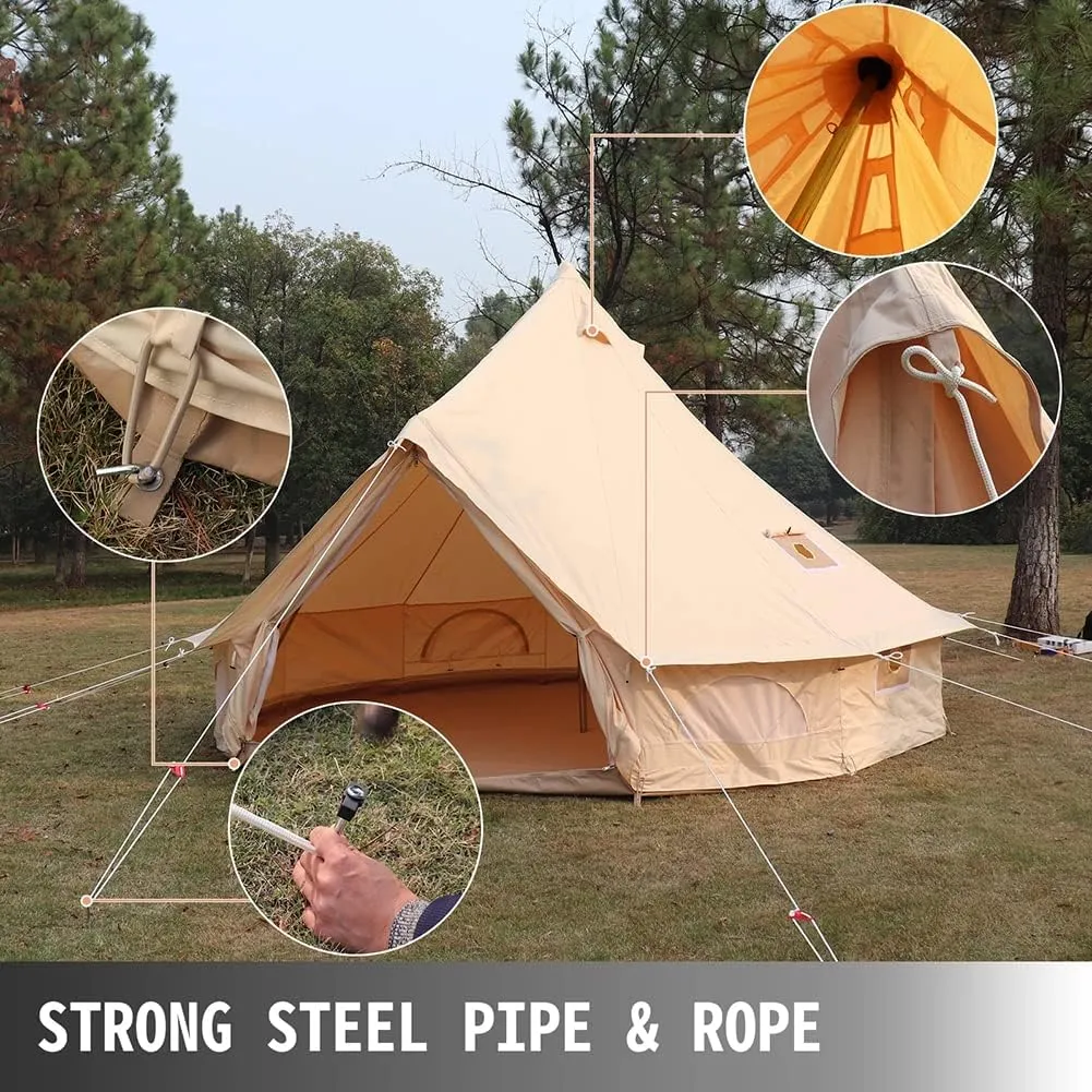 4-12 Person Camping Tent 3-6m Waterproof Cotton Canvas Bell Tent Outdoor 4 Seasons Family Party Picnic Yurt Tent W/Stove Hole (Beige 9.84ft 3m 3~5People) (Beige 19.7ft 6m 10~12People)