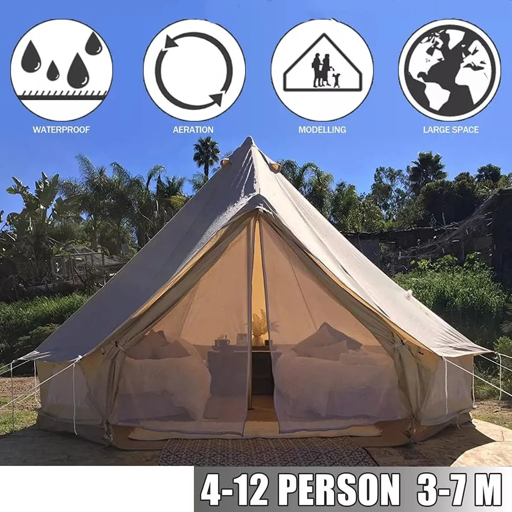 4-12 Person Camping Tent 3-6m Waterproof Cotton Canvas Bell Tent Outdoor 4 Seasons Family Party Picnic Yurt Tent W/Stove Hole (Beige 9.84ft 3m 3~5People) (Beige 19.7ft 6m 10~12People)