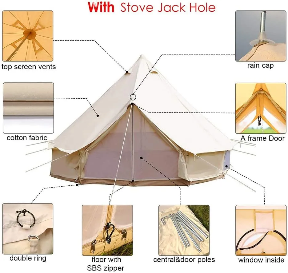4-12 Person Camping Tent 3-6m Waterproof Cotton Canvas Bell Tent Outdoor 4 Seasons Family Party Picnic Yurt Tent W/Stove Hole (Beige 9.84ft 3m 3~5People) (Beige 19.7ft 6m 10~12People)