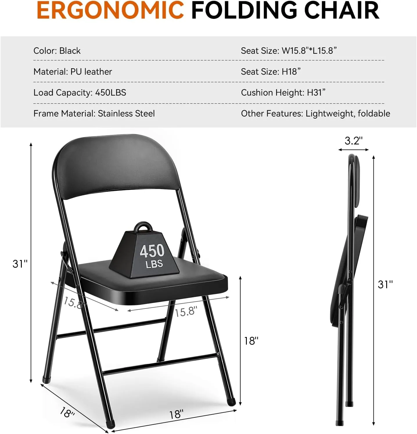 4 Pack Folding Chairs with Cushion – Padded Comfortable Foam Seating Black Space-Saving Foldable Chairs for Indoor Outdoor Weddings, Parties, Backyard & Office Events (Black, 4 Pack)