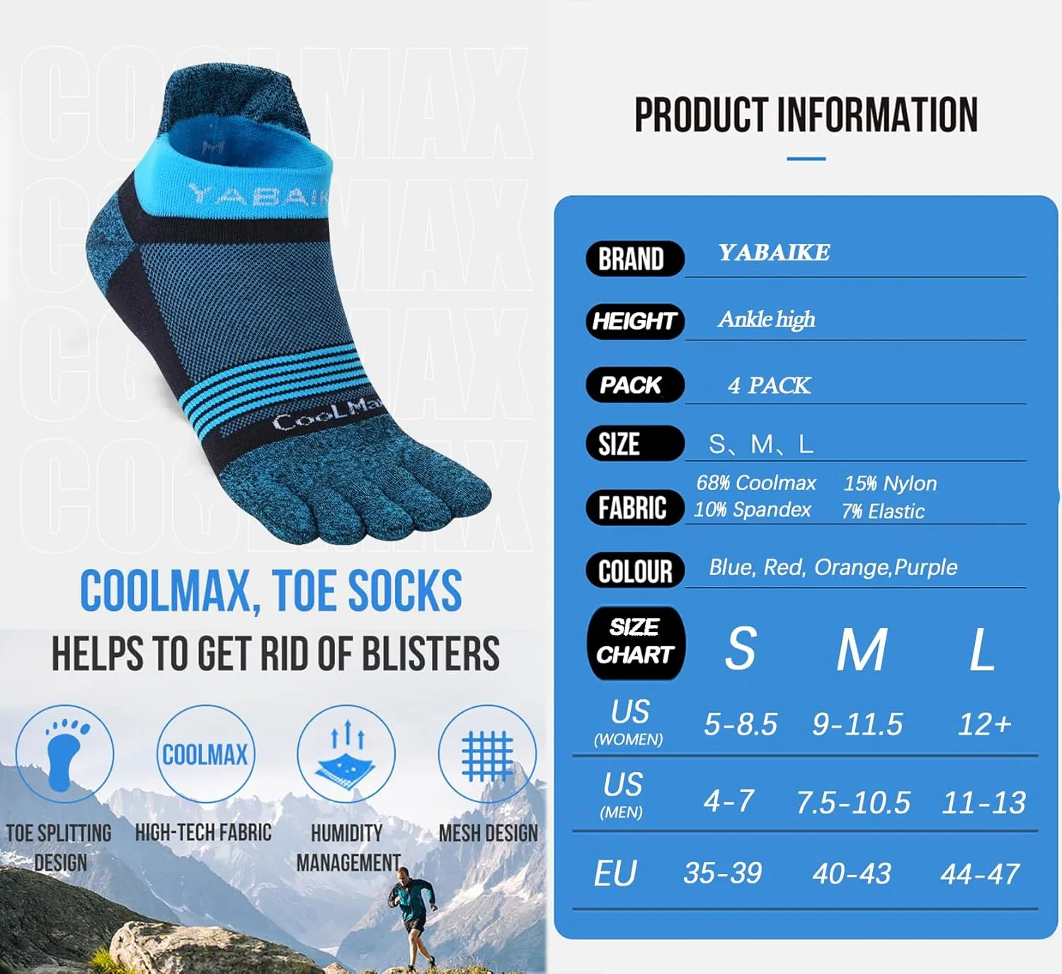 4 Pack Toe Socks COOL-MAX Ankle for Men Women Athletic Running Breathable No Show