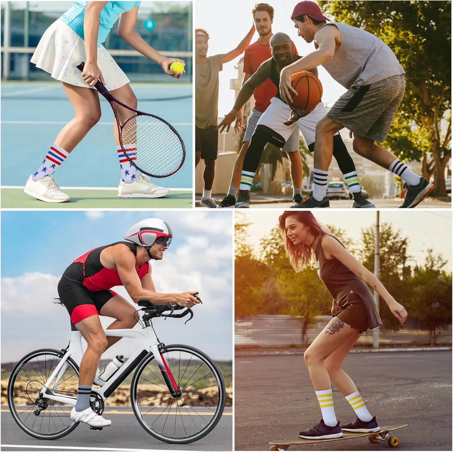 4 Pairs Athletic Socks Cotton Cushioned Striped Crew Socks Sports Running Socks for Men Women Teens