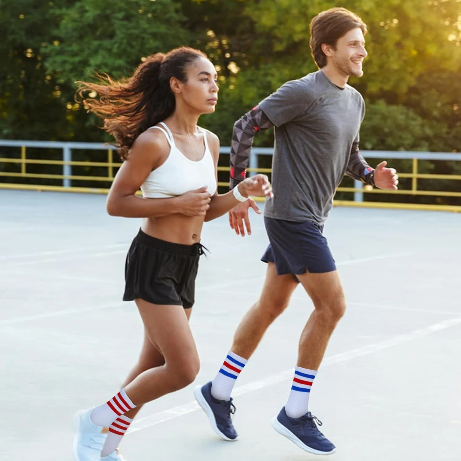 4 Pairs Athletic Socks Cotton Cushioned Striped Crew Socks Sports Running Socks for Men Women Teens