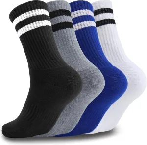 4 Pairs Athletic Socks Cotton Cushioned Striped Crew Socks Sports Running Socks for Men Women Teens