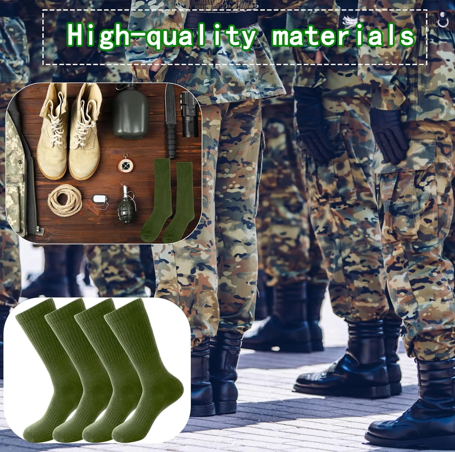 4 Pairs Men's Military Crew Socks Army Green Cotton Sock for Soldiers Police Firefighters Outdoor Sports Work Socks
