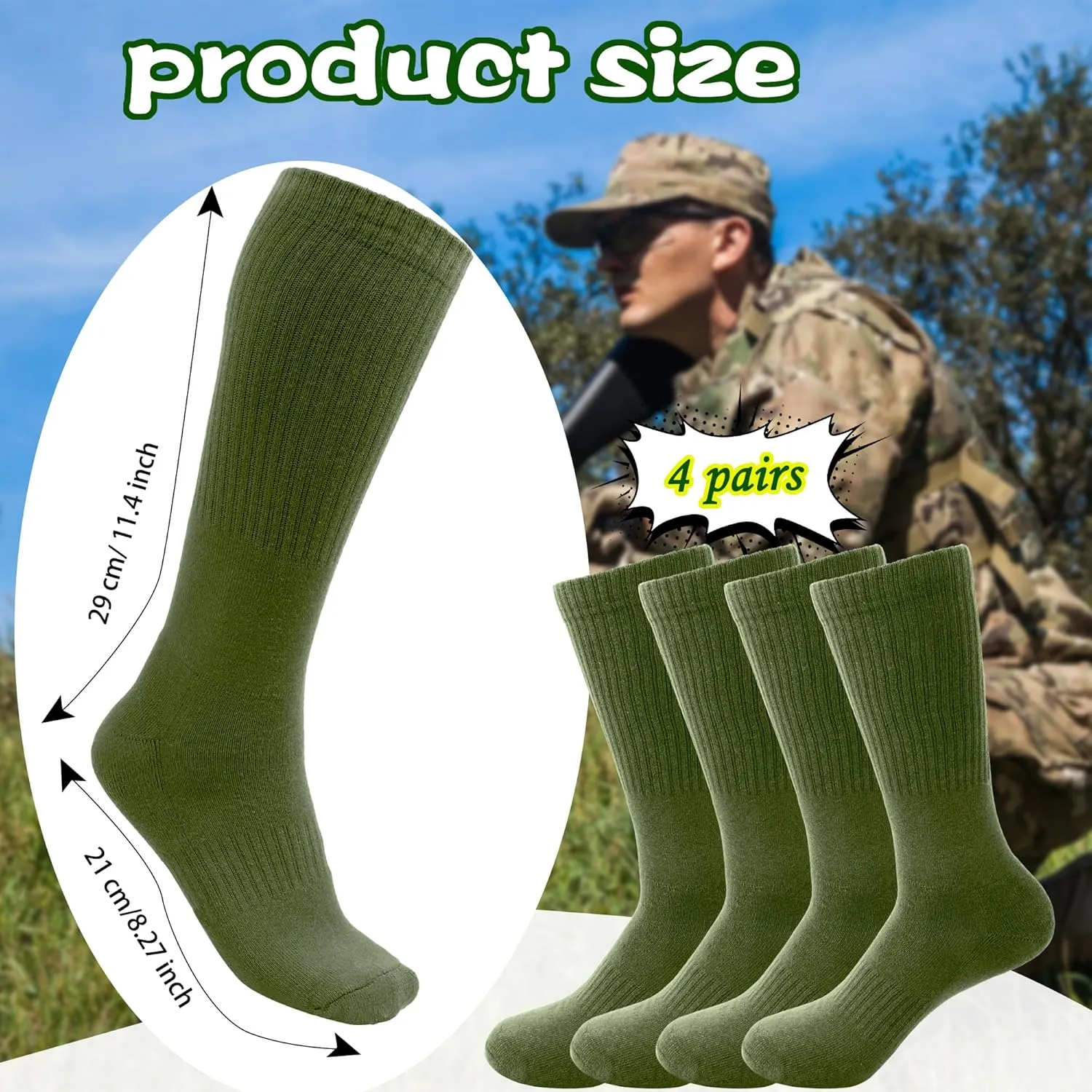 4 Pairs Men's Military Crew Socks Army Green Cotton Sock for Soldiers Police Firefighters Outdoor Sports Work Socks