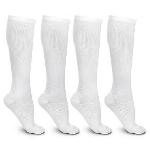4-Pairs: White L/XL Compression Socks Running Sports Graduated Travel