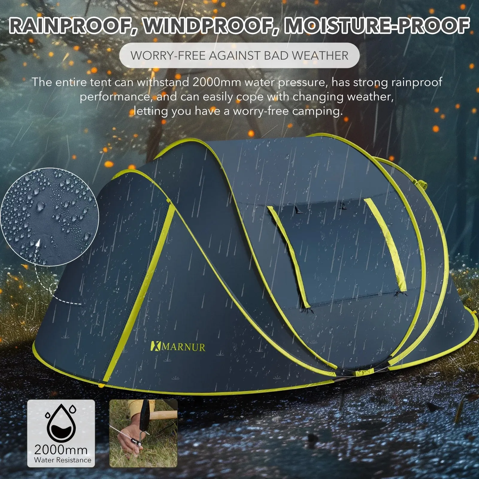 4-Person Waterproof Pop-Up Instant Tent - Spacious Doors & Windows, Dark Blue