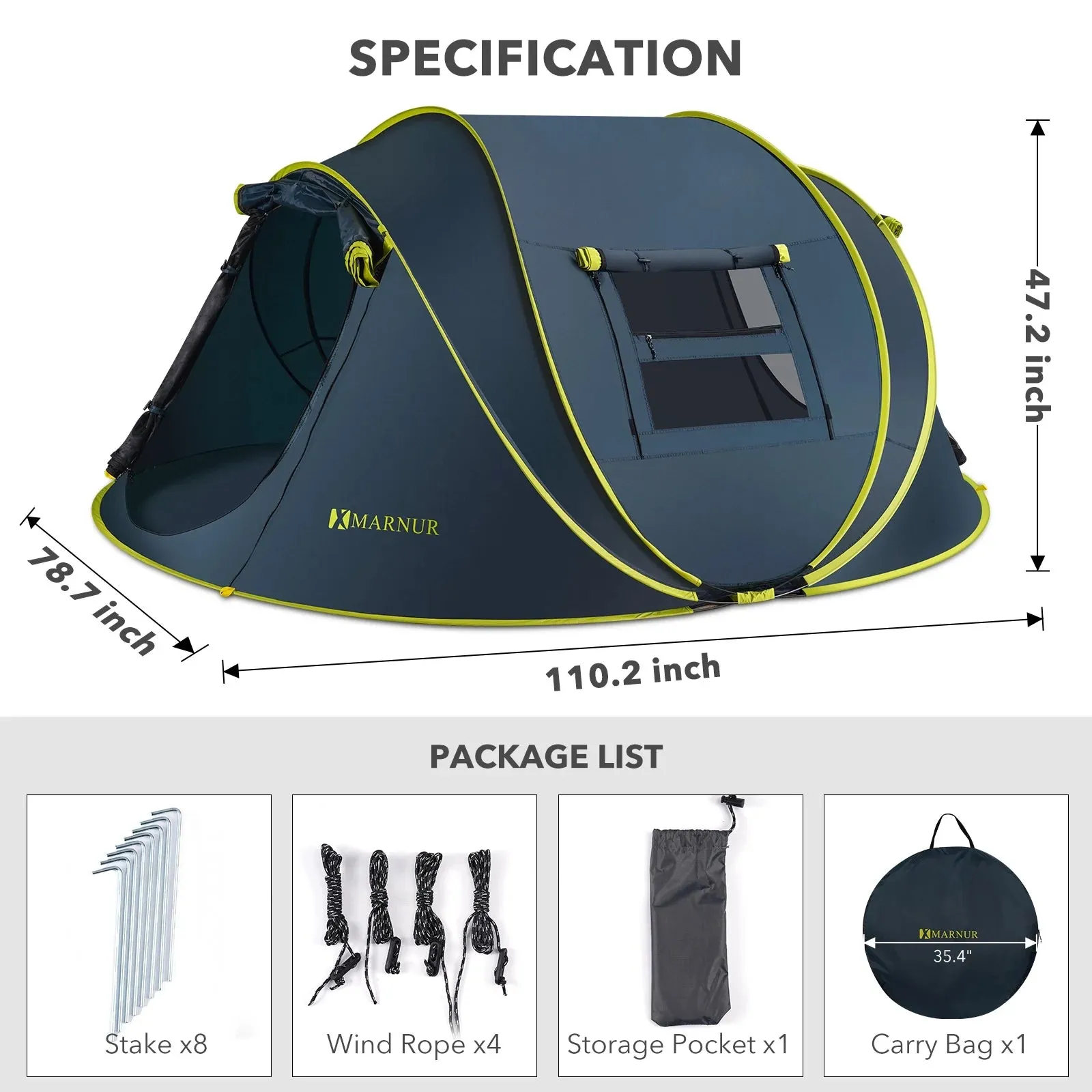 4-Person Waterproof Pop-Up Instant Tent - Spacious Doors & Windows, Dark Blue