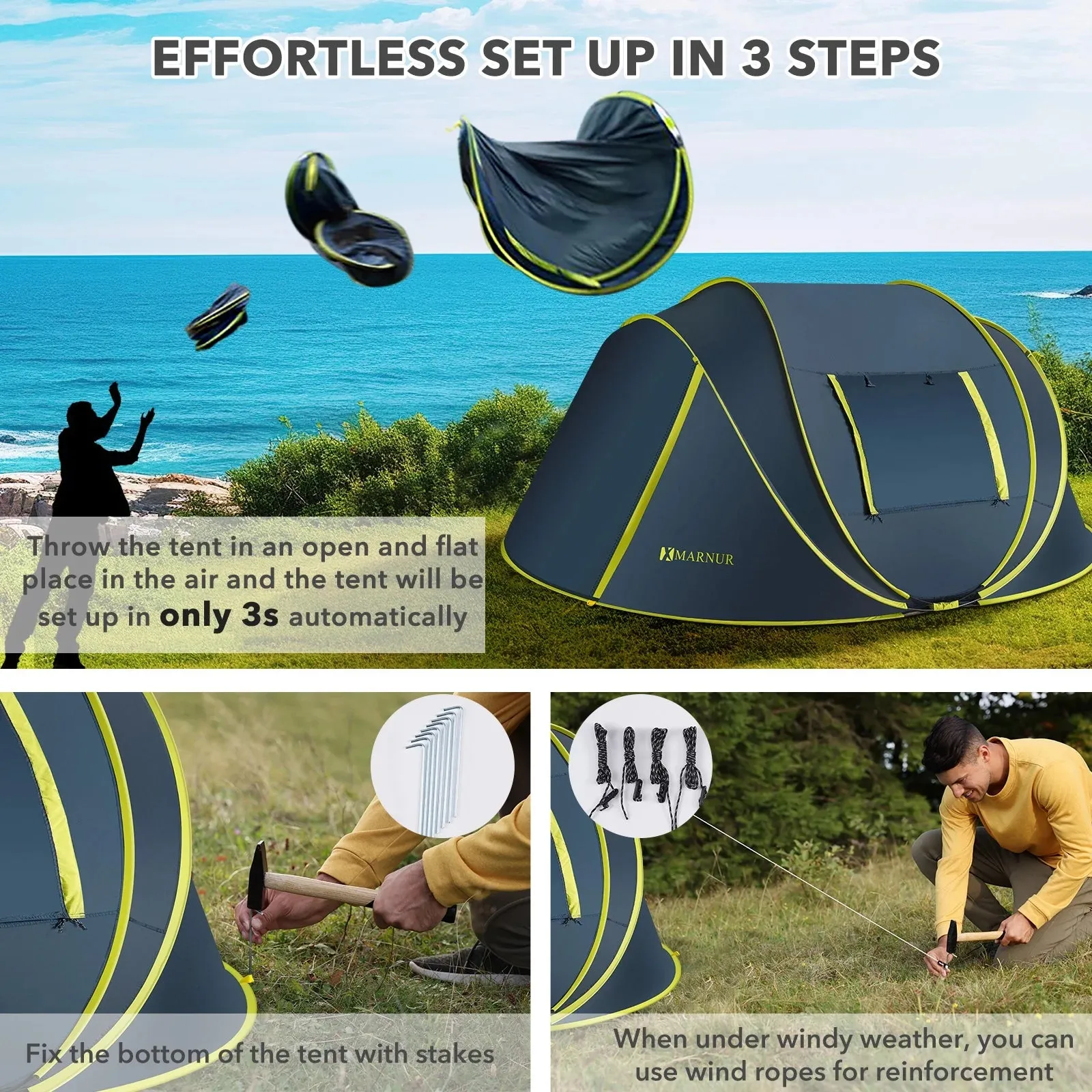 4-Person Waterproof Pop-Up Instant Tent - Spacious Doors & Windows, Dark Blue