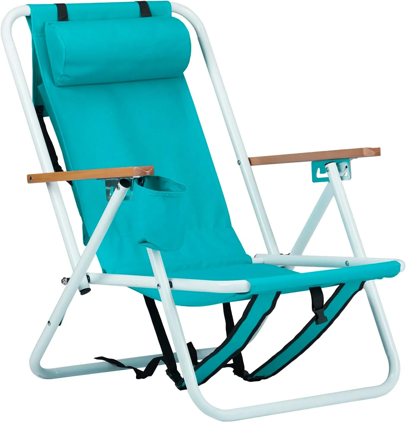 4 Position Folding Beach Chair with Headrest Cup Holder Wooden Armrests Portable Camping Chair Green
