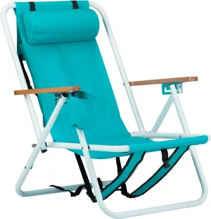 4 Position Folding Beach Chair with Headrest Cup Holder Wooden Armrests Portable Camping Chair Green
