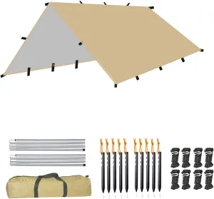 4m x 4m Large Camping Tarp, Lightweight Tarpaulin, Waterproof Tent, Camping Shelter, Portable Awning Canopy, Hammock Rain Fly, Outdoor Sunshade for Hiking Backpacking