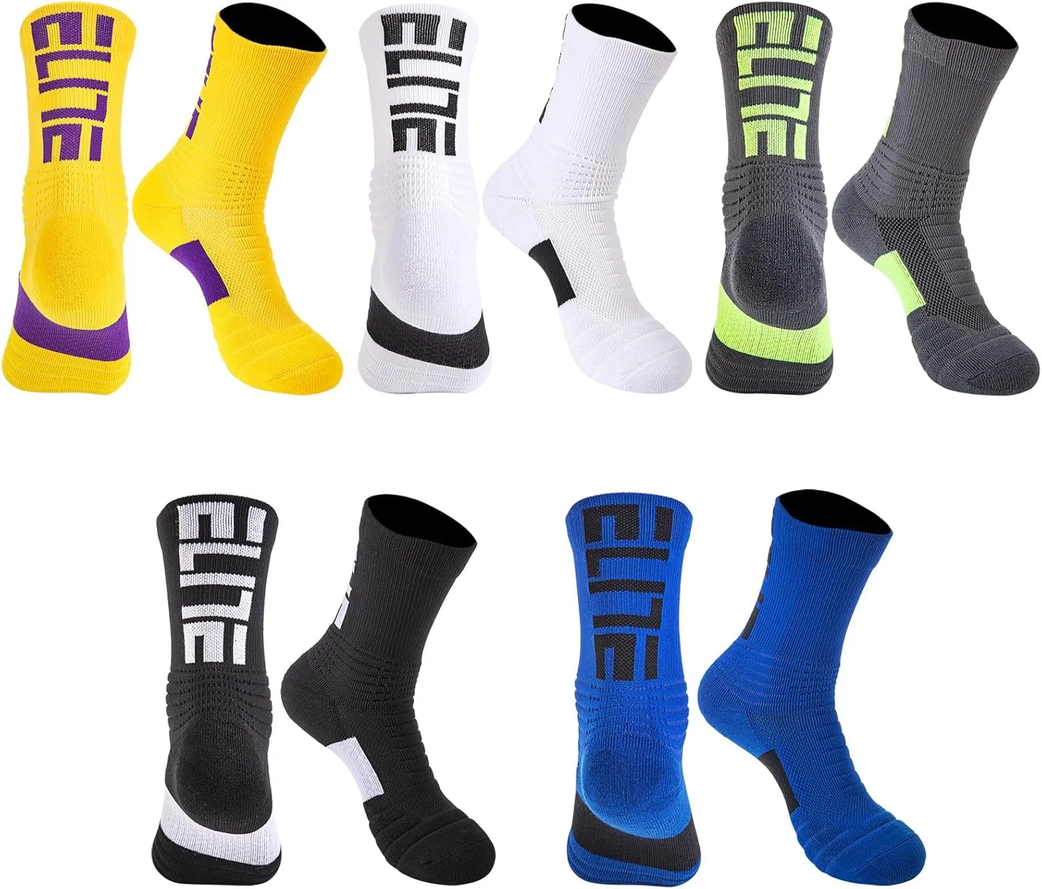 5 Pairs Elite Basketball Socks Cushioned Athletic Crew Socks for Men Youth Adult Soccer Outdoor Football Running