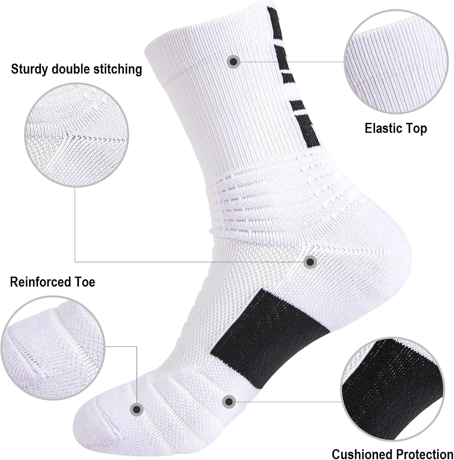 5 Pairs Elite Basketball Socks Cushioned Athletic Crew Socks for Men Youth Adult Soccer Outdoor Football Running